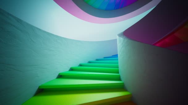 Tall Modern Contemporary Bright Rainbow Spiral Staircase Detailed Textures Materials — Stock Video