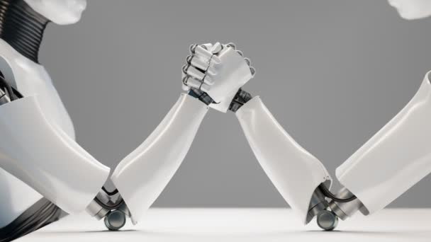 Two Robots Arm Wrestling Competition Shiny Metallic Cyborg Arms Holding — Stock Video