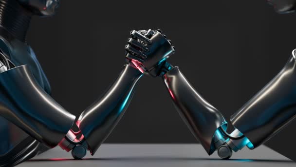 Dwa Roboty Walczą Rękę Błyszczące Metaliczne Cyborgi Trzymające Się Czarnym — Wideo stockowe