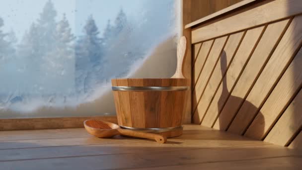 Dřevěný Kbelík Saunu Podlaze Studeným Modrým Zimním Lesem Mrazivým Oknem — Stock video