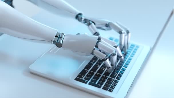 Futuristic Concept Humanoid Robot Writing Laptop Keyboard Close Computer Monitor — Stock Video