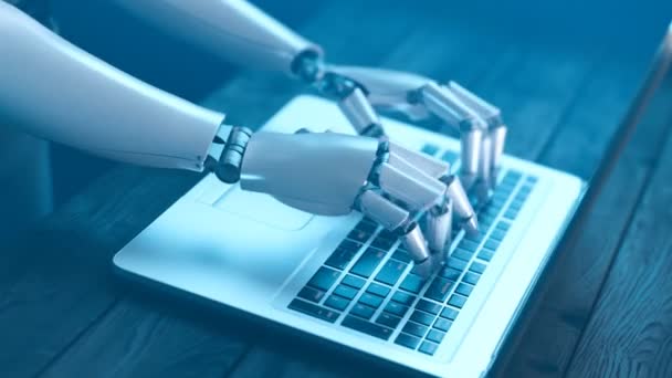 Futuristisches Konzept Humanoider Roboterschrift Auf Der Laptop Tastatur Nahaufnahme Auf — Stockvideo