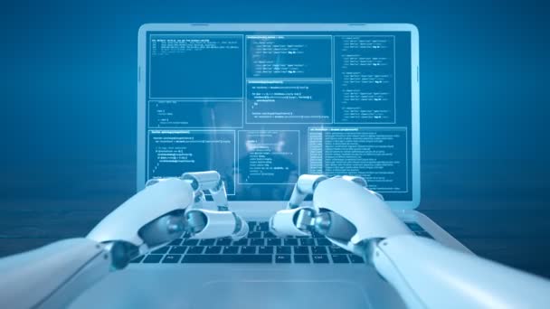 Futuristisches Konzept Humanoider Roboterschrift Auf Der Laptop Tastatur Nahaufnahme Auf — Stockvideo