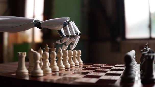 Glänzend Futuristischer Roboterarm Beim Schachspielen Roboter Übergeben Das Schachbrett Künstliche — Stockvideo