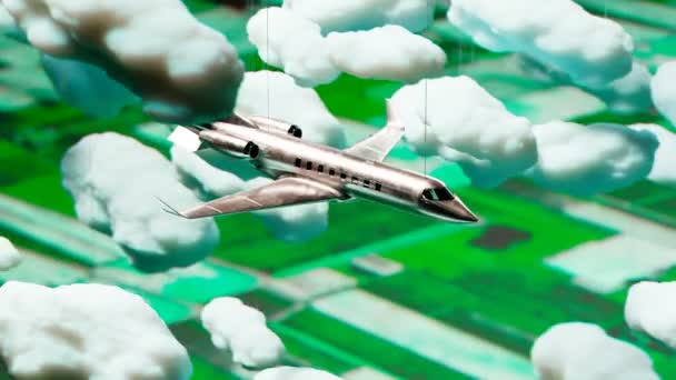 私人喷射机玩具暂停 卡通云以模仿飞机速度掠过 后面是绿地五彩缤纷 简单化的计算机图形学 交通方式 环球旅行 — 图库视频影像