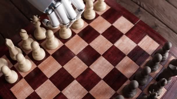 Fényes Futurisztikus Robotkar Sakkozik Robot Add Sakktáblát Mesterséges Intelligencia Megoldja — Stock videók