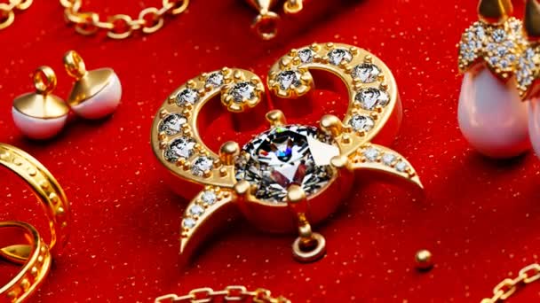 Luksusowe Żółte Złote Elementy Biżuterii Diamentami Perłami Bransoletki Kolczyki Pierścionki — Wideo stockowe