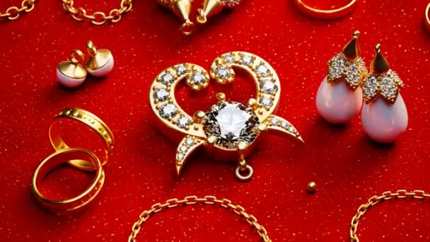 Lujosas Joyas Oro Amarillo Con Diamantes Perlas Pulseras Pendientes Anillos — Vídeos de Stock