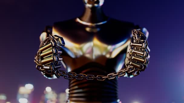 結合されたロボットアームの未来的な概念 光沢のある鉄の鎖を壊す機械手 奴隷制と刑務所の象徴 人工知能の自由のために戦う 黒い背景を持つCgiレンダリング — ストック動画
