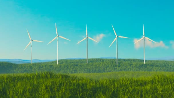 Rüzgar Türbinleri Güneşli Bir Günde Temiz Enerji Üretir Rüzgarda Dans — Stok video
