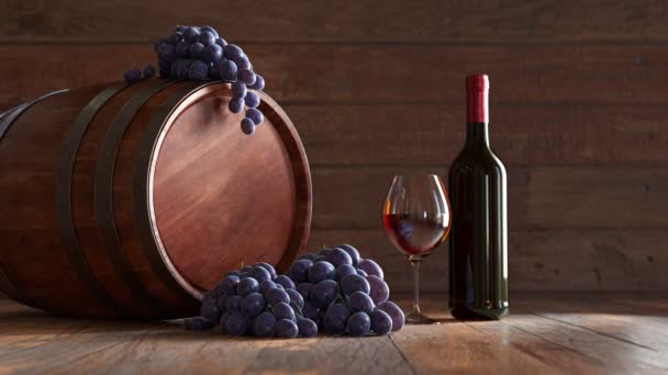 Winery Scene Animation Grapes Bottle Glass Red Wine Wooden Barrel — Stock Video