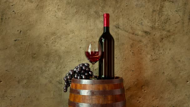 酒店戏 用葡萄 瓶子和玻璃杯在木桶上装饰 老式的地下室设计 酿酒庆祝Shiny Wineglass 渲染Cgi — 图库视频影像