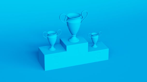 3つのトロフィーを備えたペダルの青い単純化された単色図 クリーンシルエット スタジオ照明 ライバル関係 競争力の象徴 敗者と勝者 — ストック動画
