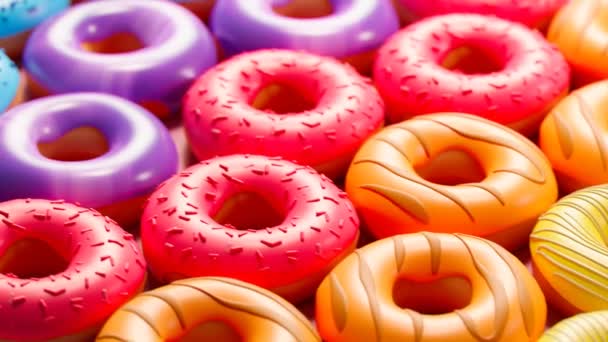Бесшовный Цикл Анимации Разнообразных Пончиков Набор Многих Сладких Булочек Шоколадной — стоковое видео