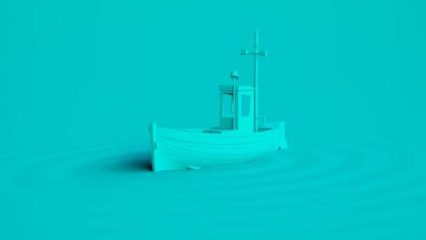 一条简单的青绿色渔船在湖心的水面上 在它周围产生波浪 单色动画在工作室照明 简洁的镜头 轮廓清晰 孤独感 — 图库视频影像