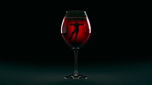 酔っ払った男が暗い背景のワイングラスで泳いでいるという主張のシーン アルコール依存症 中に閉じ込められた中毒のブーザーが付いている赤い液体の光沢のあるガラス レンダリング Cgi — ストック動画