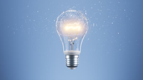 Glödlampan Med Sprucken Glasglob Leviterar Omgiven Flygande Partiklar Innovativ Teknik — Stockvideo