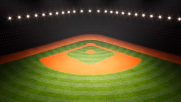 晚上空荡荡的棒球场在聚光灯下 新割下的草皮径向图案和橙色的泥土 许多灯光照亮了为美国国家竞技体育做好准备的竞技场 — 图库视频影像