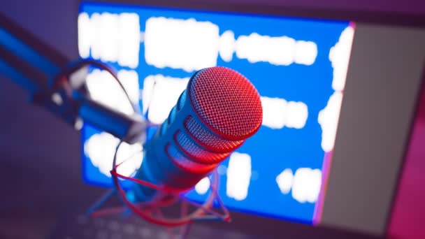 Animação Colorida Microfone Vocal Close Durante Podcast Daw Ondas Sonoras — Vídeo de Stock
