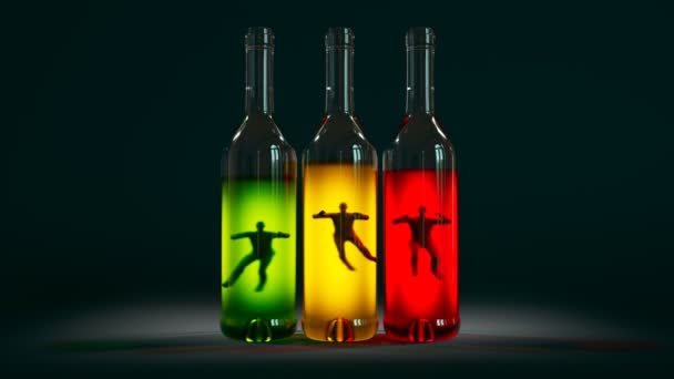 Аллегорическая Сцена Пьяными Мужчинами Купающимися Бутылках Тёмном Фоне Алкогольная Зависимость — стоковое видео