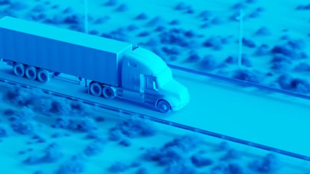商品を配送する半トラックのブルーモノクロアニメーション アスファルト道路 バリア ブッシュ 電極を備えたシンプルなスタジオシーン クリーンなトラックシルエット カメラ ゆっくりとズームイン — ストック動画