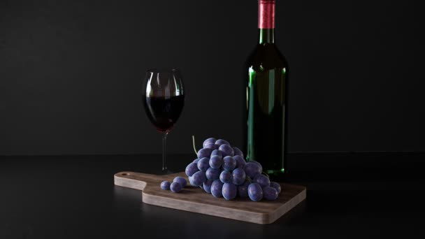 酒店戏 用葡萄 杯子和红酒在木制桌子上进行动画 老式的地下室设计 酿酒庆祝Shiny Wineglass 渲染Cgi — 图库视频影像