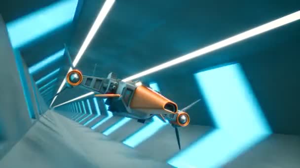 長く明るいトンネルを通過する未来的な宇宙船 抽象的なデザイン 強力なエンジン レーザーの砲塔を備えた先進航空機の科学フィクションコンセプト 戦争飛行機レンダリングCgi — ストック動画