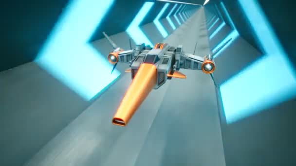 Futuriste Vaisseau Spatial Volant Travers Long Tunnel Lumineux Concept Science — Video
