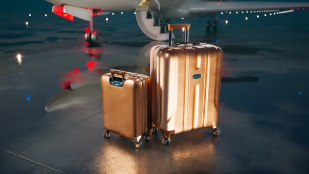 在一个星夜 两个金色的行李箱站在一个潮湿的跑道上 在一架私人喷气式飞机前 全新的 白色的 闪亮的飞机反映在水坑里 非常富有的人商务旅游舱 — 图库视频影像