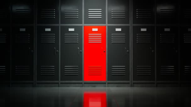 黒いロッカーでいっぱいの学校の廊下のシングル ユニークで活気に満ちた赤い金属ロッカー 異なるオブジェクト ユニークさ 学校での疎外のシンボル 他人に汚名されたいじめ被害者 — ストック動画