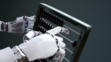 Abaküs kullanan gelişmiş bir robot. Yapay zeka aritmetik ve mantıksal hesaplamalar yapar. Matematiksel problemleri çözen modern makinelerin gelecekteki teknolojik konsepti. CGI Hazırla