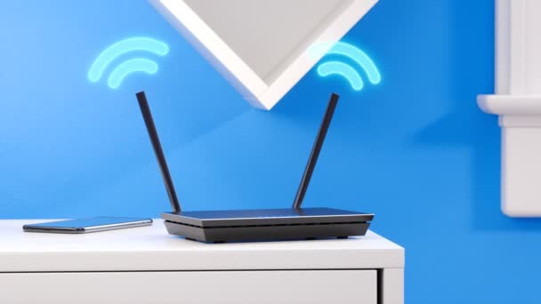 Moderner Drahtloser Router Wohnzimmer Netzwerkverbindung Für Smart Home Geräte Wifi — Stockvideo
