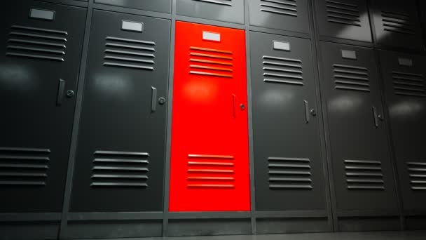 单只的 独特的 充满活力的红色 金属储物柜在学校走廊充满了黑色储物柜 一个不同的目标独特的 学校异化的象征 被他人污蔑的欺负受害者 — 图库视频影像