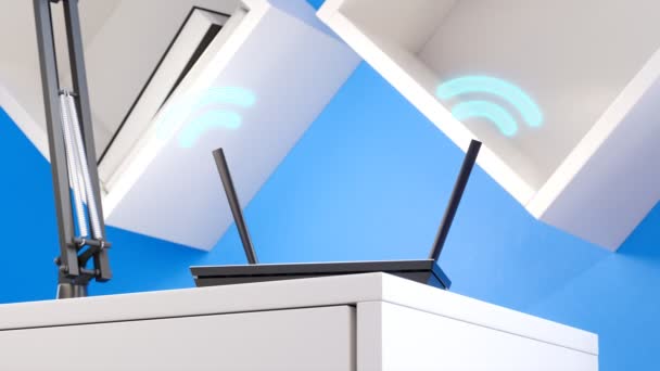 Μοντέρνο Ασύρματο Router Στο Σαλόνι Σύνδεση Δικτύου Για Έξυπνες Οικιακές — Αρχείο Βίντεο