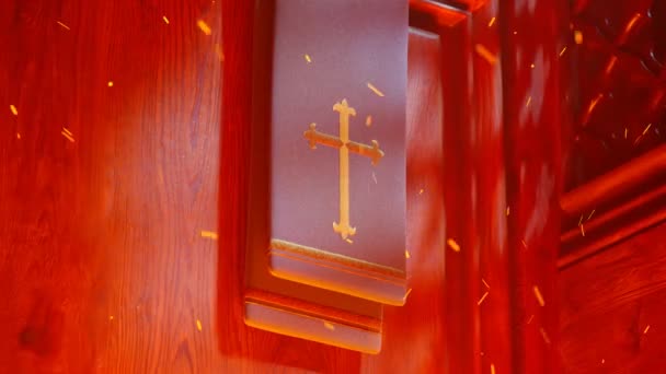 Priest Stole Golden Cross Chapel Wooden Confessional Red Hot Fire — Stock Video