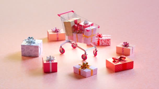 Cheerful Animation Shopping Cart Full Gifts Pink Background Presents Scattered — Stock Video