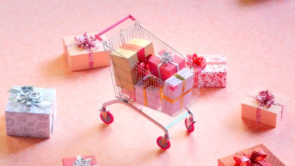Χαρούμενα Κινούμενα Σχέδια Ένα Καλάθι Αγορών Γεμάτο Δώρα Ροζ Φόντο — Αρχείο Βίντεο