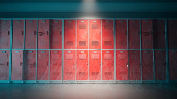 Assustador Abundava Corredor Escola Câmera Lentamente Amplia Mostra Armários Vermelhos — Vídeo de Stock