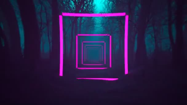 Fantasy Szene Looping Animation Mit Dem Ultravioletten Neonquadratischen Portal Holz — Stockvideo