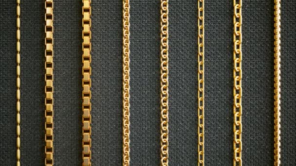 Golden Chain Collection Animation Jewellery Chains Dark Background Set Realistic — Stock Video