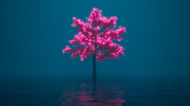 幻想中的场景与独行的大树大水中美丽的轮廓 粉色的眉毛在树枝上 黑暗的神秘景观环境 神秘主义主题的概念艺术 — 图库视频影像