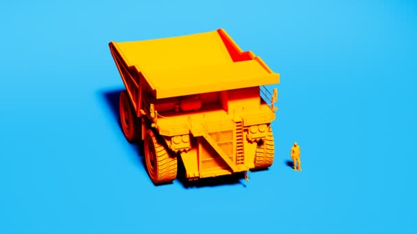 Camión Volquete Naranja Simple Fondo Azul Animación Maquinaria Industrial Gigante — Vídeo de stock