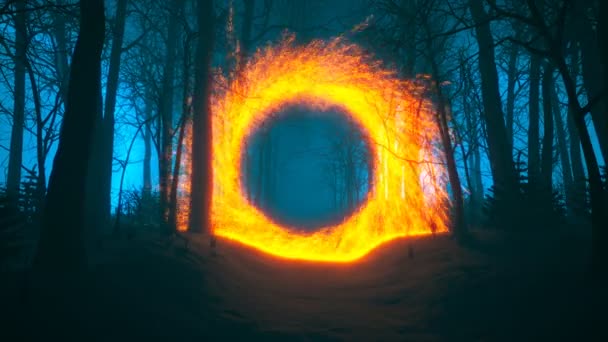 幻想场景 森林中带有橙色圆形闪光门的动画 魔法闪耀在门口 虚拟走廊到另一个层面 明亮的圆形光 时间旅行概念 — 图库视频影像