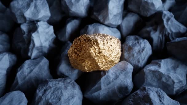 石の間の純粋な光沢のある金片 高価な高貴な金属 ゴールデン ナゲット 富のシンボル 大切な宝物 資本金 財務目的のコンセプト 異なるオブジェクト ユニークさ — ストック動画