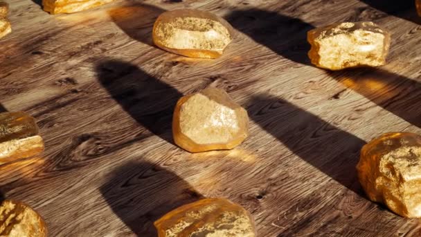 Grupa Czystych Błyszczących Złotych Kawałków Drewnianym Tle Drogi Metal Szlachetny — Wideo stockowe