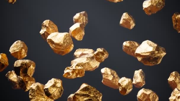 无数的金币掉下来了 昂贵的贵金属 金色的金块会下雨黄金矿石 财富的象征珍贵的财宝投资资本 银行目的的概念 — 图库视频影像