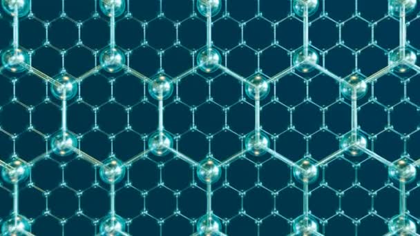 グラフェン構造のシームレスにループ可能なアニメーション ハニカムの形をした反射ブルーカーボン原子の2列 化学研究 ナノ構造繊維分子または粒子 — ストック動画