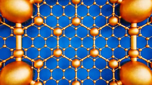 グラフェン構造のシームレスにループ可能なアニメーション ハニカムの形をした反射的な金の炭素原子の2列 化学研究 ナノ構造繊維分子または粒子 — ストック動画