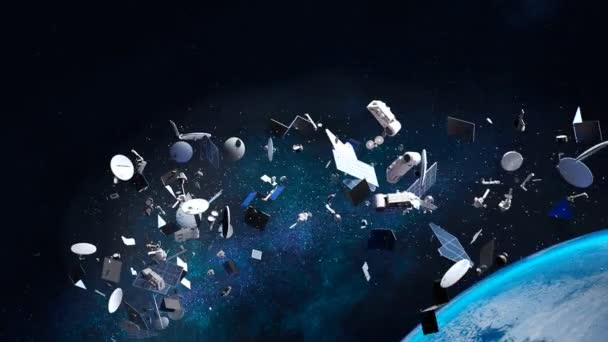Animation Mit Weltraumschrott Der Die Erde Umkreist Gefährlicher Schrott Schwebt — Stockvideo