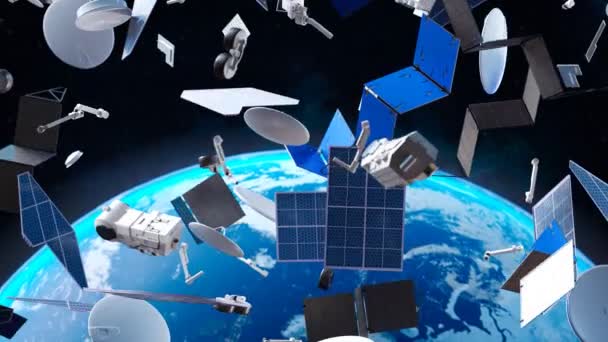 地球を周回する宇宙デブリとのアニメーション 青い惑星の周りの危険なジャンクフロート 廃棄物 墜落した衛星 宇宙船 ロケットによって汚染されたコスモス コンセプト生態学 レンダリング Cgi — ストック動画
